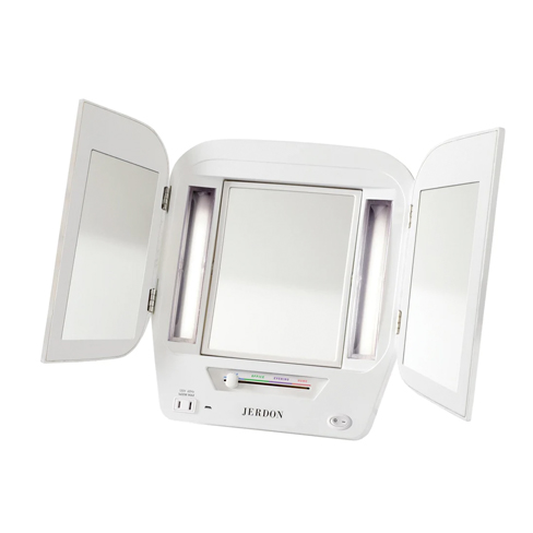 5X-1X Euro LED Lighted Makeup Mirror, White, w/USB Power Outlet