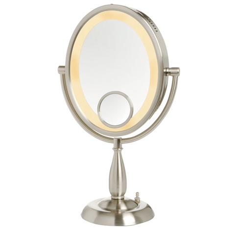 8" x10" 10X-1X Oval Lighted Table Top Mirror, Nickel, Height 17.5", 15X Spot Mirror
