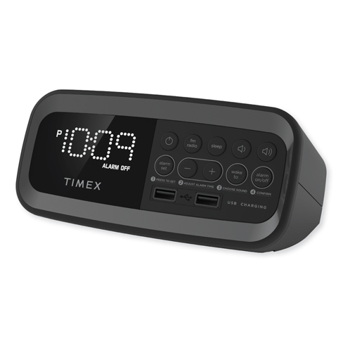Radio Despertador Pre-set Timex FM con Doble Carga USB Negro Metálico