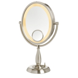 [JERD0003836] 8" x10" 10X-1X Oval Lighted Table Top Mirror, Nickel, Height 17.5", 15X Spot Mirror